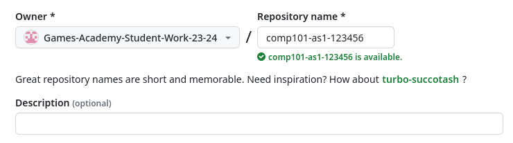 A cropped screenshot showing the owner and repository name fields on the new repository page. the owner has been set to student work and the name has been set to comp101-as1-123456